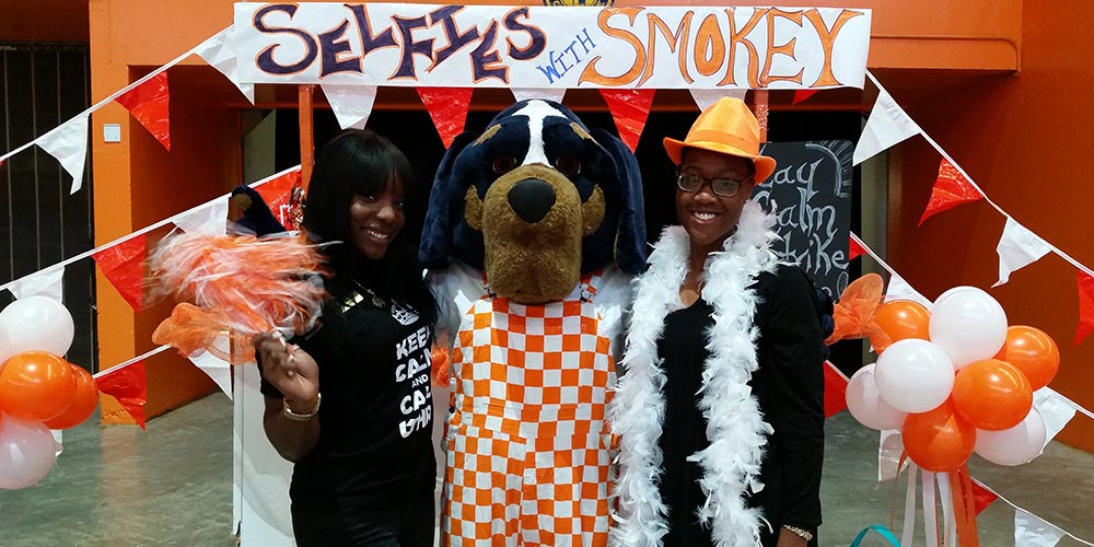 Two people and Smokey selfie